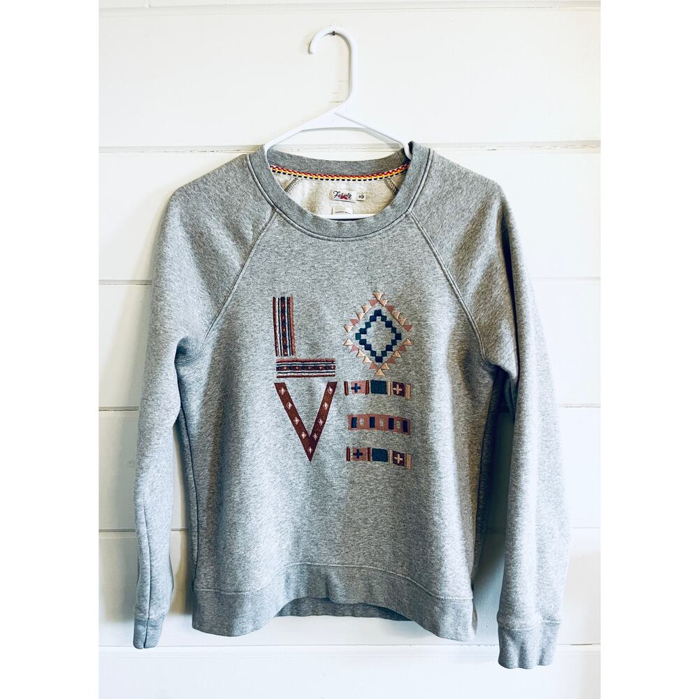Faherty Light Gray Pullover Sweatshirt with Multicolor Tribal Appliqué